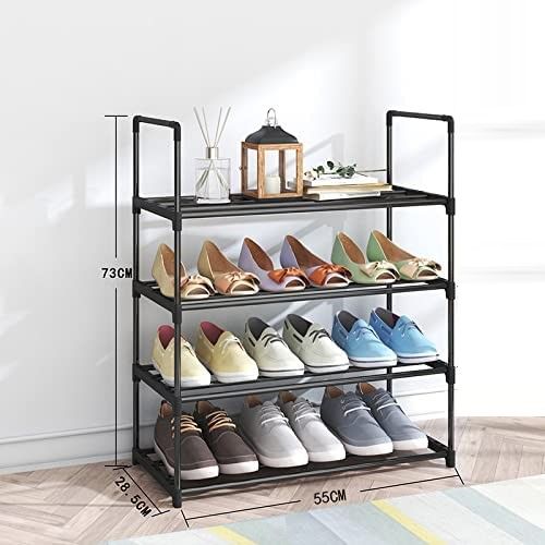 4-Tier Stainless Steel Shoe Rack Storage Organizer to Hold up to 15 Pairs of Shoes (55cm, Black)-Furniture > Living Room > Shoe Storage-PEROZ Accessories