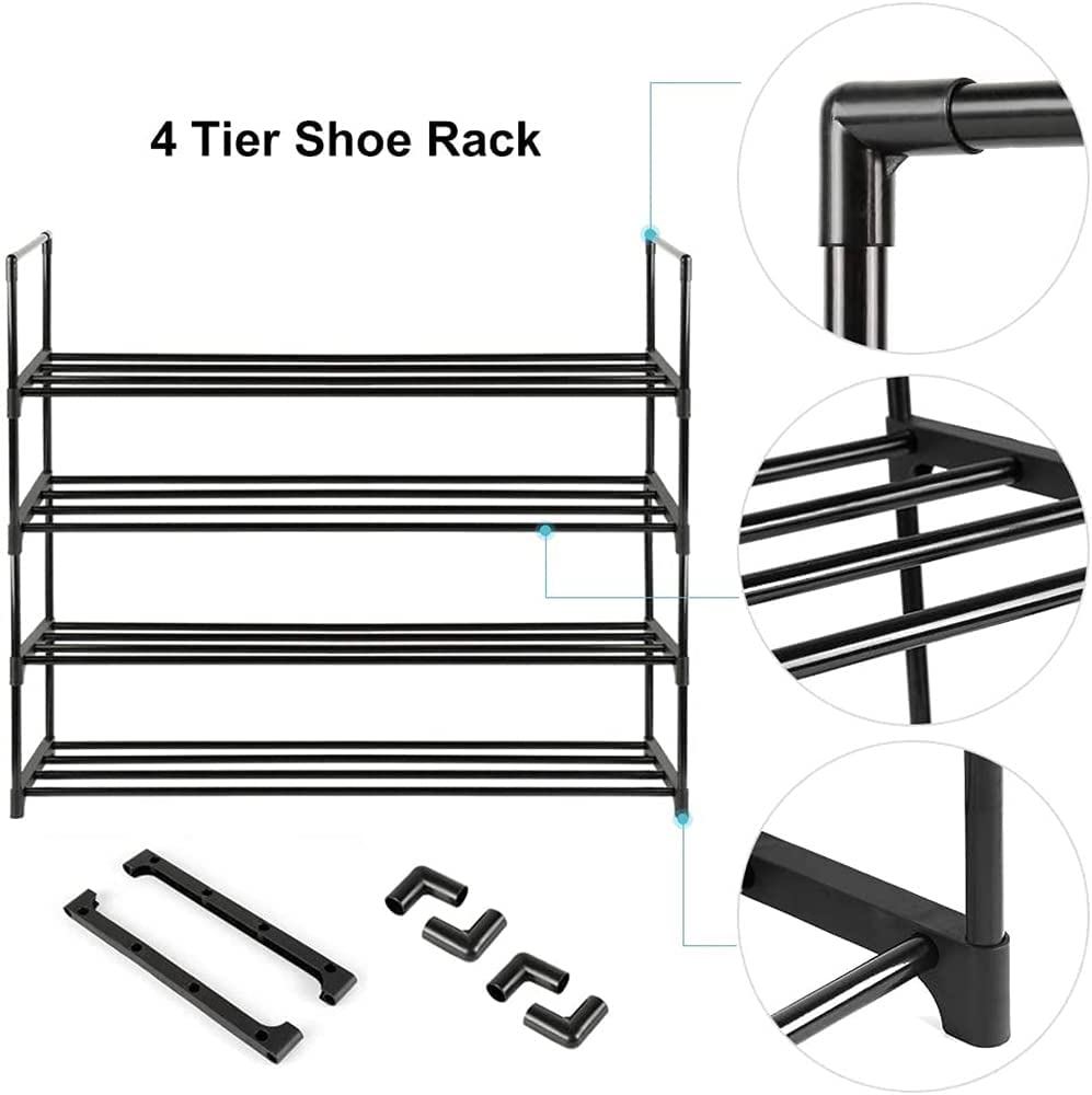 4-Tier Stainless Steel Shoe Rack Storage Organizer to Hold up to 20 Pairs of Shoes (80cm, Black)-Furniture > Living Room > Shoe Storage-PEROZ Accessories