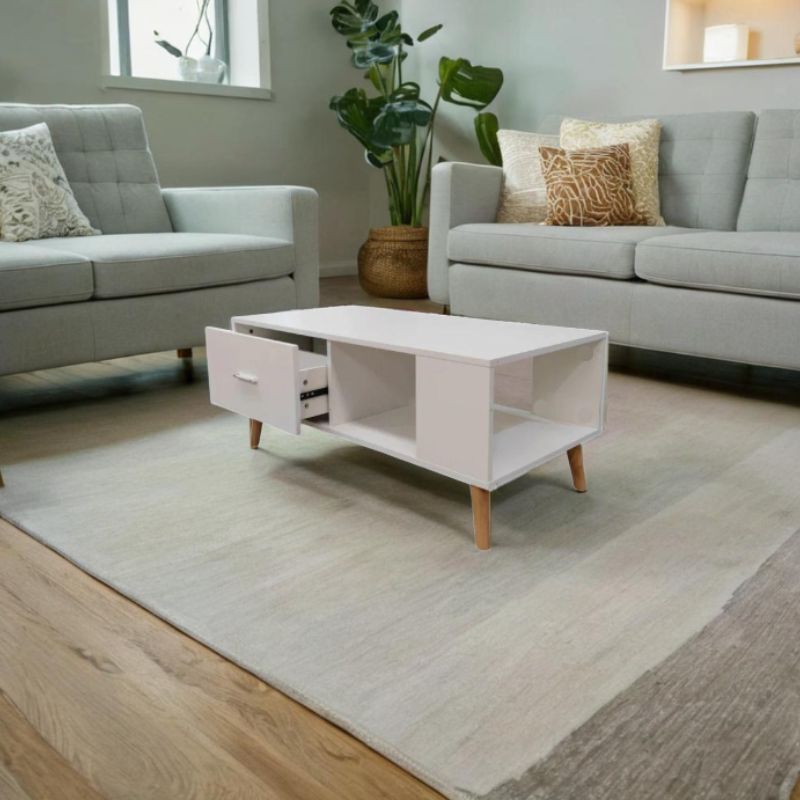 White Coffee Table Storage Drawer & Open Shelf With Wooden Legs-Furniture > Living Room-PEROZ Accessories