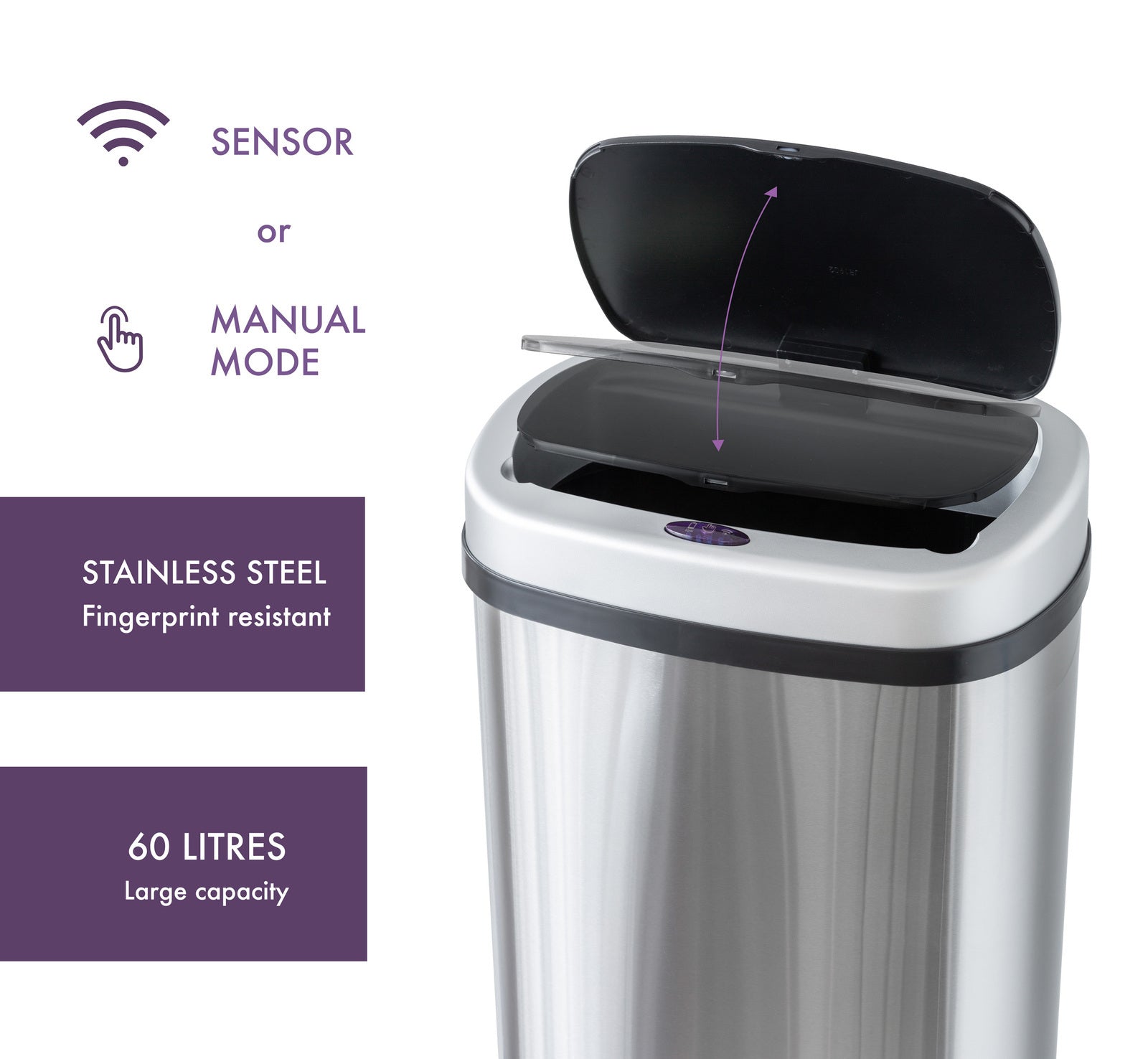 60L Stainless Steel Motion Sensor Rubbish Bin-Home & Garden > Kitchen Bins > Automatic Bins-PEROZ Accessories