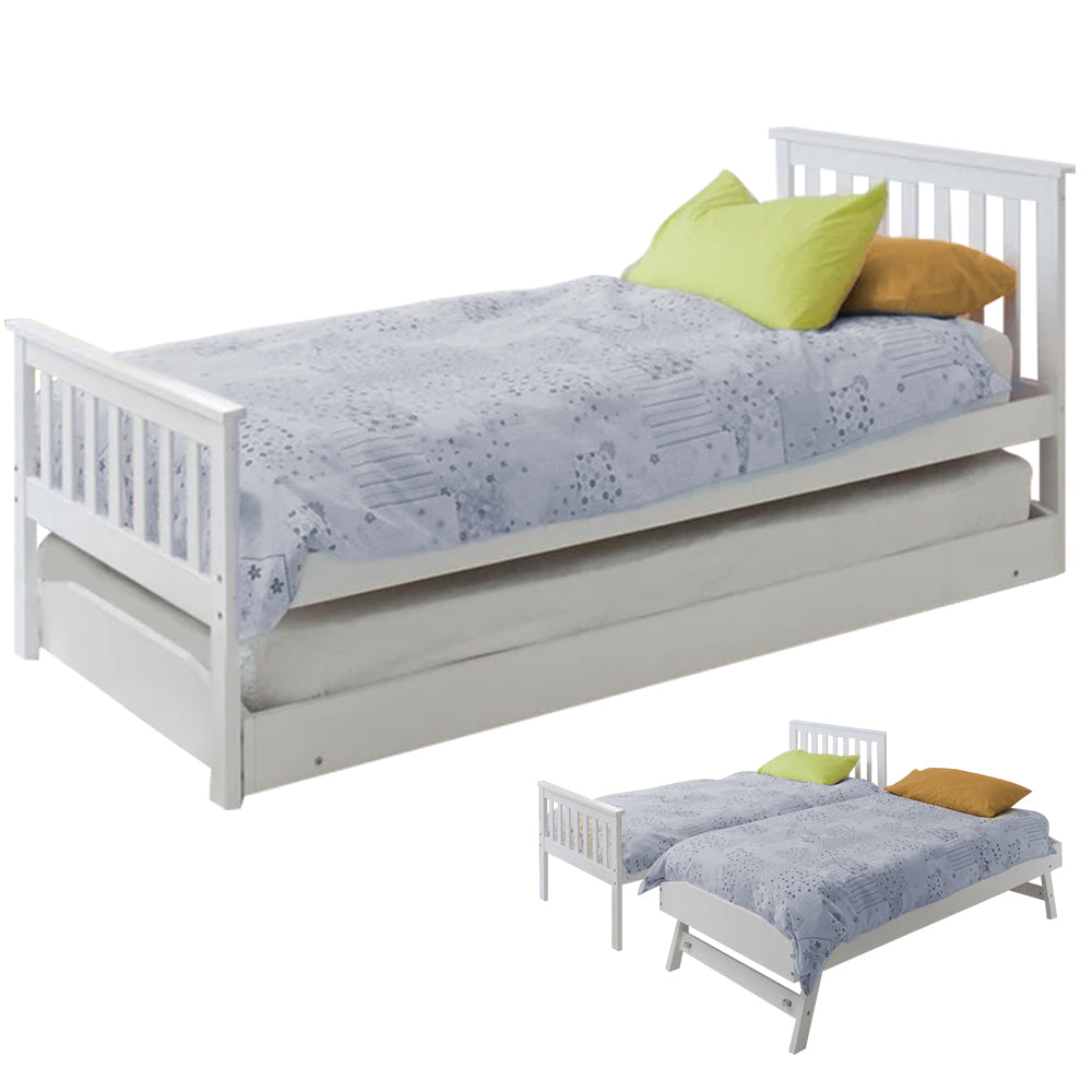 KINGSTON SLUMBER Wooden Single Bed Frame w/ Pop Up Trundle, for Kids Bedroom, White-Furniture > Bedroom > Beds & Bed Frames-PEROZ Accessories
