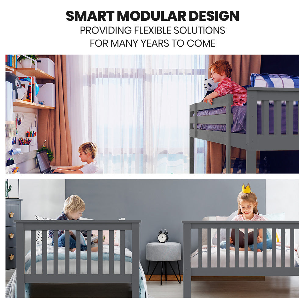 Kingston Slumber Bunk Bed Triple Wooden Single Over Double Beds for Kids, Solid Pine Wood, Convertible Design, Grey-Furniture > Bedroom > Beds & Bed Frames-PEROZ Accessories