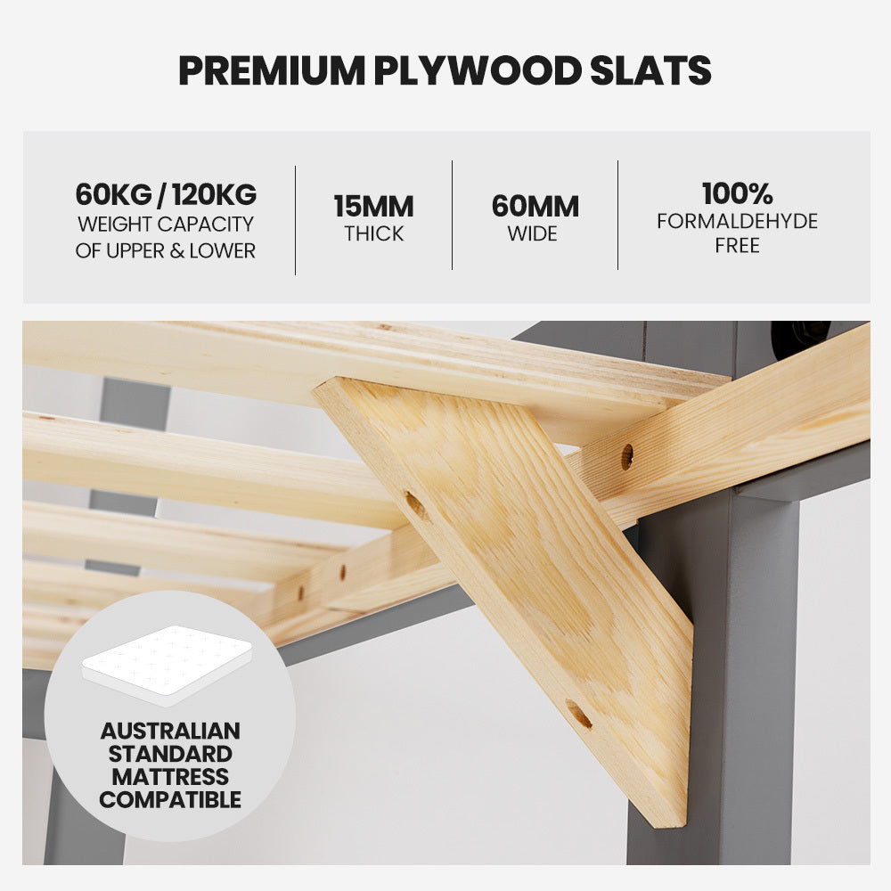 Kingston Slumber Single Bunk Bed Frame Solid Pine Wood Timber, Modular Design, Grey-Furniture > Bedroom > Beds & Bed Frames-PEROZ Accessories