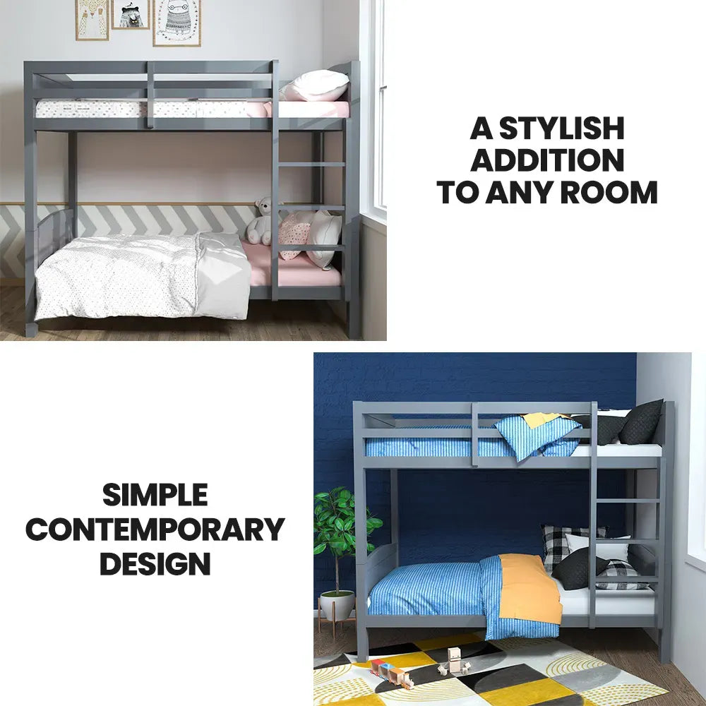 KINGSTON SLUMBER Single Bunk Bed Frame, Solid Pine 2-in-1 Modular Design Convert to 2 Single Beds, Grey-Furniture > Bedroom > Beds & Bed Frames-PEROZ Accessories