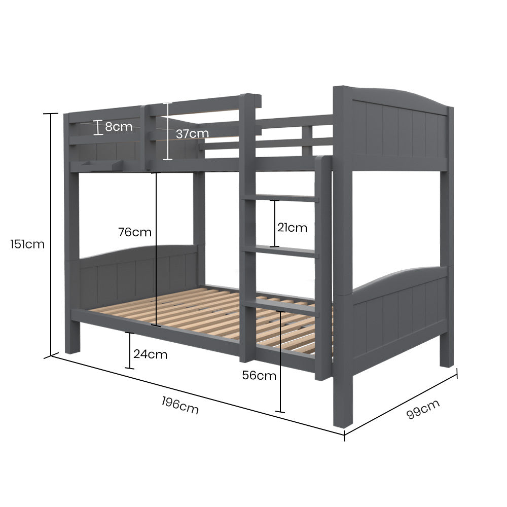 KINGSTON SLUMBER Single Bunk Bed Frame, Solid Pine 2-in-1 Modular Design Convert to 2 Single Beds, Grey-Furniture > Bedroom > Beds & Bed Frames-PEROZ Accessories