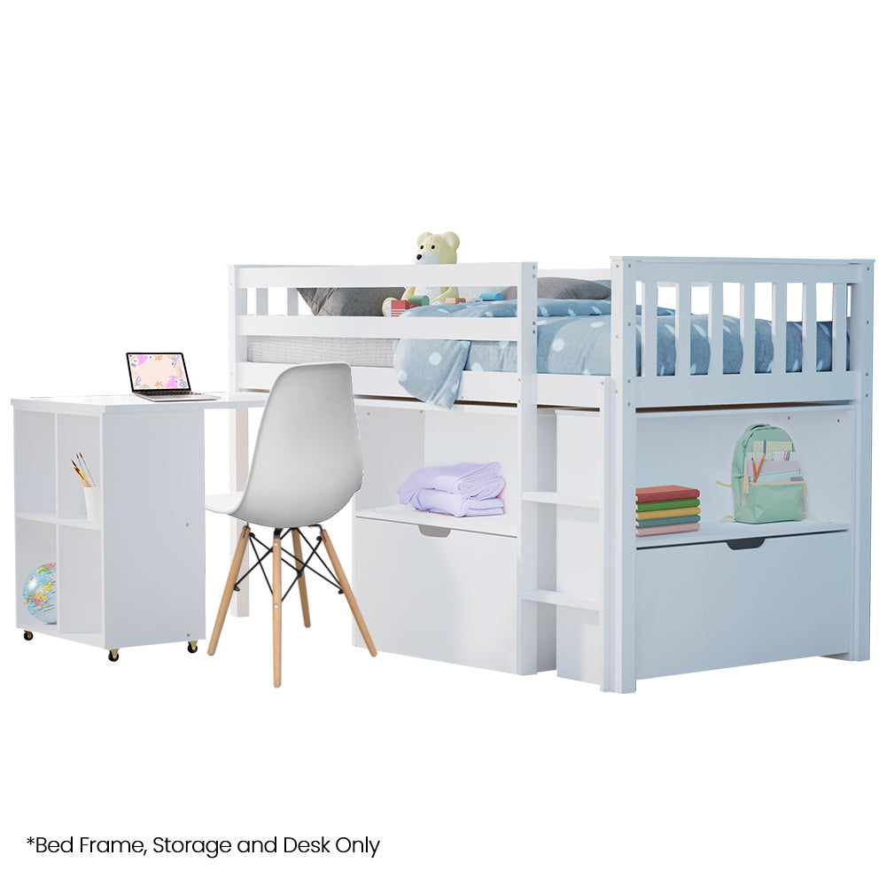 KINGSTON SLUMBER Wooden Kids Single Loft Bed Frame with Pull Out Desk, Storage Drawers - White-Furniture > Bedroom > Beds & Bed Frames-PEROZ Accessories