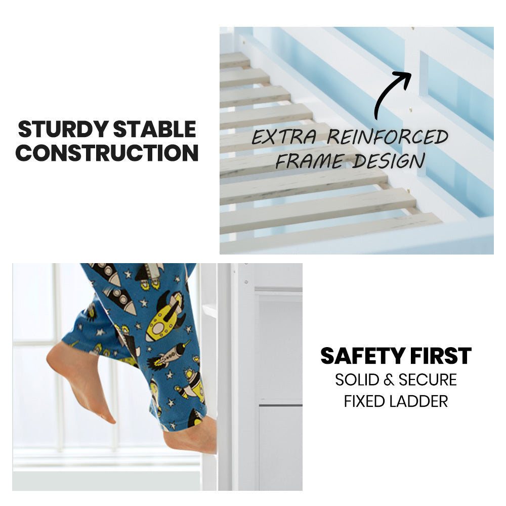 KINGSTON SLUMBER Wooden Kids Single Loft Bed Frame with Pull Out Desk, Storage Drawers - White-Furniture > Bedroom > Beds & Bed Frames-PEROZ Accessories