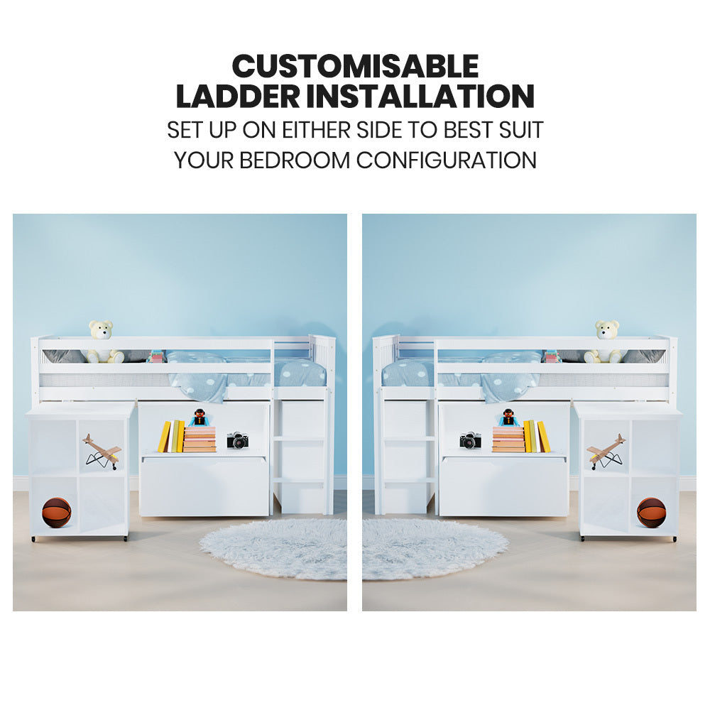 KINGSTON SLUMBER Wooden Kids Single Loft Bed Frame with Pull Out Desk, Storage Drawers - White-Furniture > Bedroom > Beds & Bed Frames-PEROZ Accessories