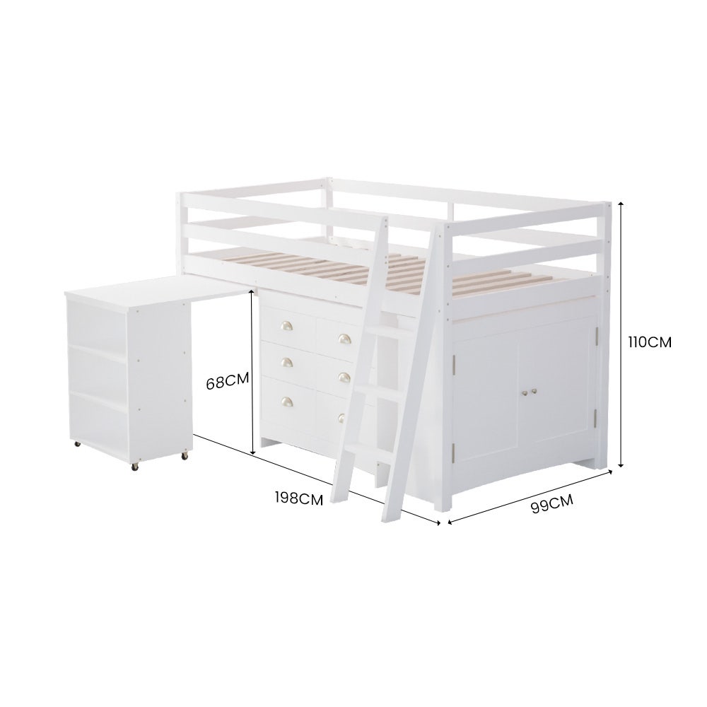 KINGSTON SLUMBER Wooden Kids Single Loft Bed Frame with Pull Out Desk, Storage Drawers, Cabinet - White-Furniture > Bedroom > Beds & Bed Frames-PEROZ Accessories