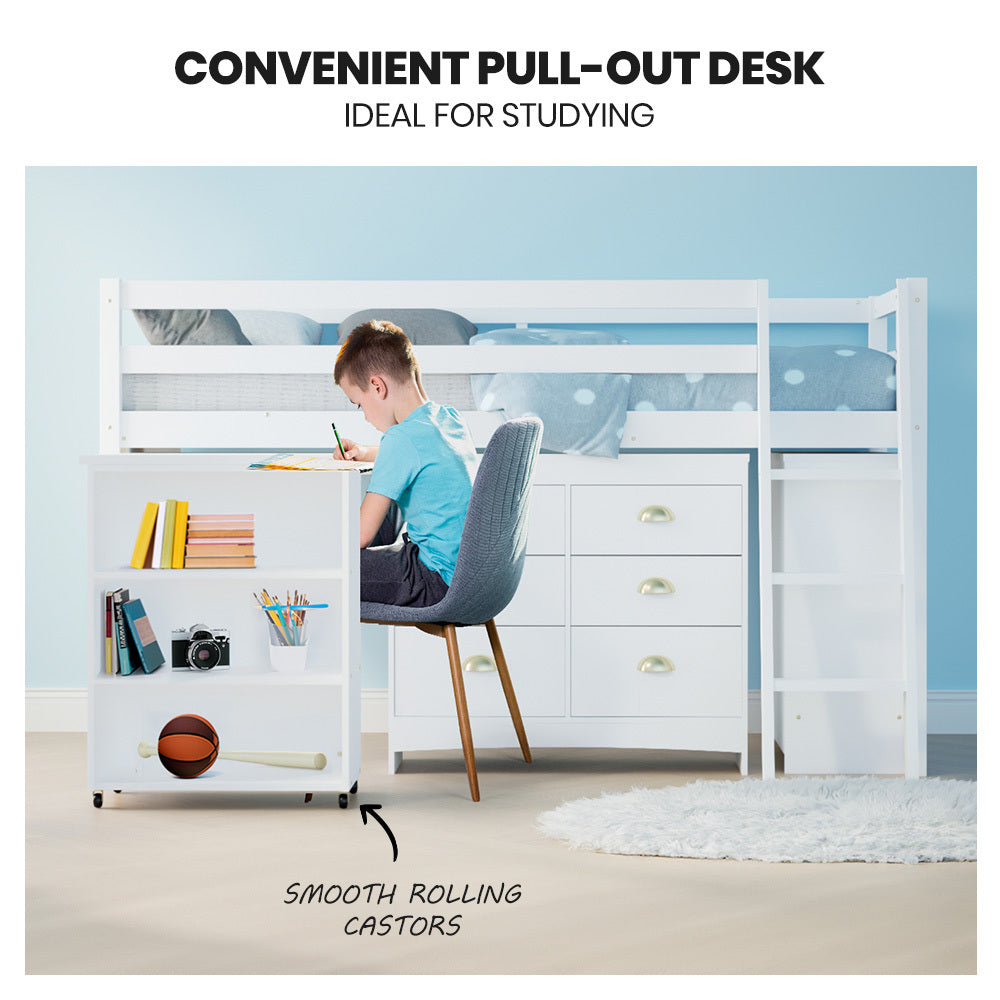 KINGSTON SLUMBER Wooden Kids Single Loft Bed Frame with Pull Out Desk, Storage Drawers, Cabinet - White-Furniture > Bedroom > Beds & Bed Frames-PEROZ Accessories