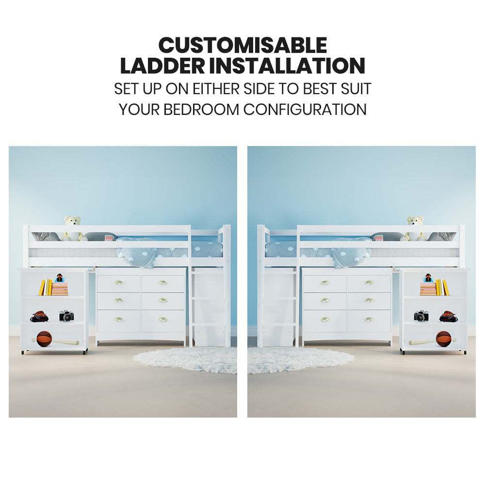 KINGSTON SLUMBER Wooden Kids Single Loft Bed Frame with Pull Out Desk, Storage Drawers, Cabinet - White-Furniture > Bedroom > Beds & Bed Frames-PEROZ Accessories
