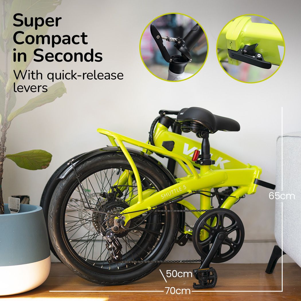 VALK Shuttle 5 Electric Folding Bike, Gen II, 20" Tyres, Shimano 7-Speed, Lime Green-Sports & Fitness > Bikes & Accessories-PEROZ Accessories