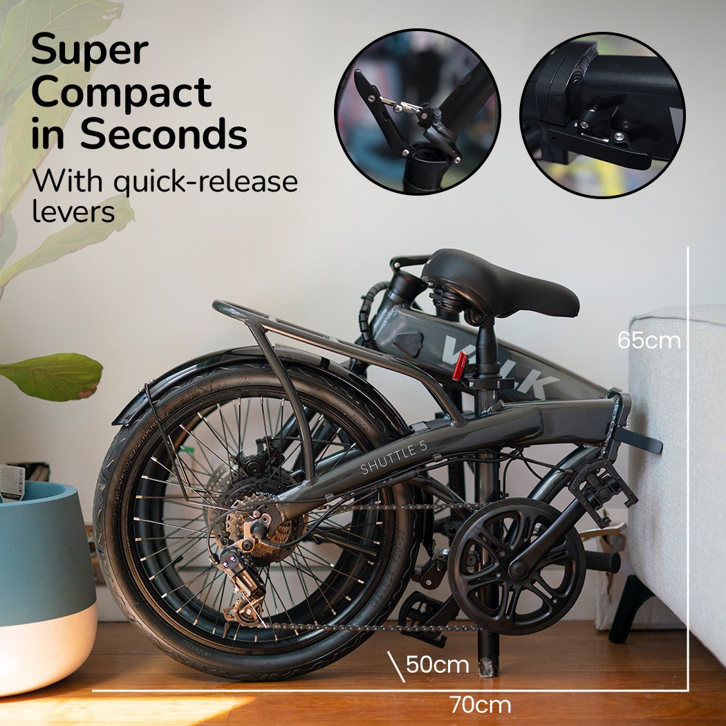 VALK Shuttle 5 Electric Folding Bike, Gen II, 20" Tyres, Shimano 7-Speed, Dark Grey-Sports & Fitness > Bikes & Accessories-PEROZ Accessories