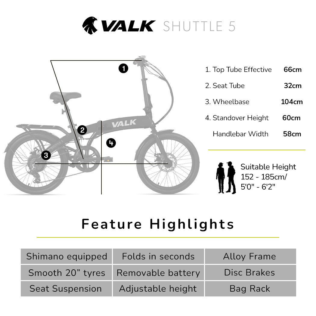 VALK Shuttle 5 Electric Folding Bike, Gen II, 20" Tyres, Shimano 7-Speed, Dark Grey-Sports & Fitness > Bikes & Accessories-PEROZ Accessories