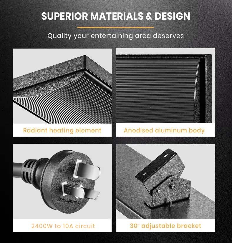 2 x BIO 2400W Outdoor Strip Heater, Radiant Electric Slimline Heat Bar Panel, 10A Plug-Appliances > Heaters-PEROZ Accessories