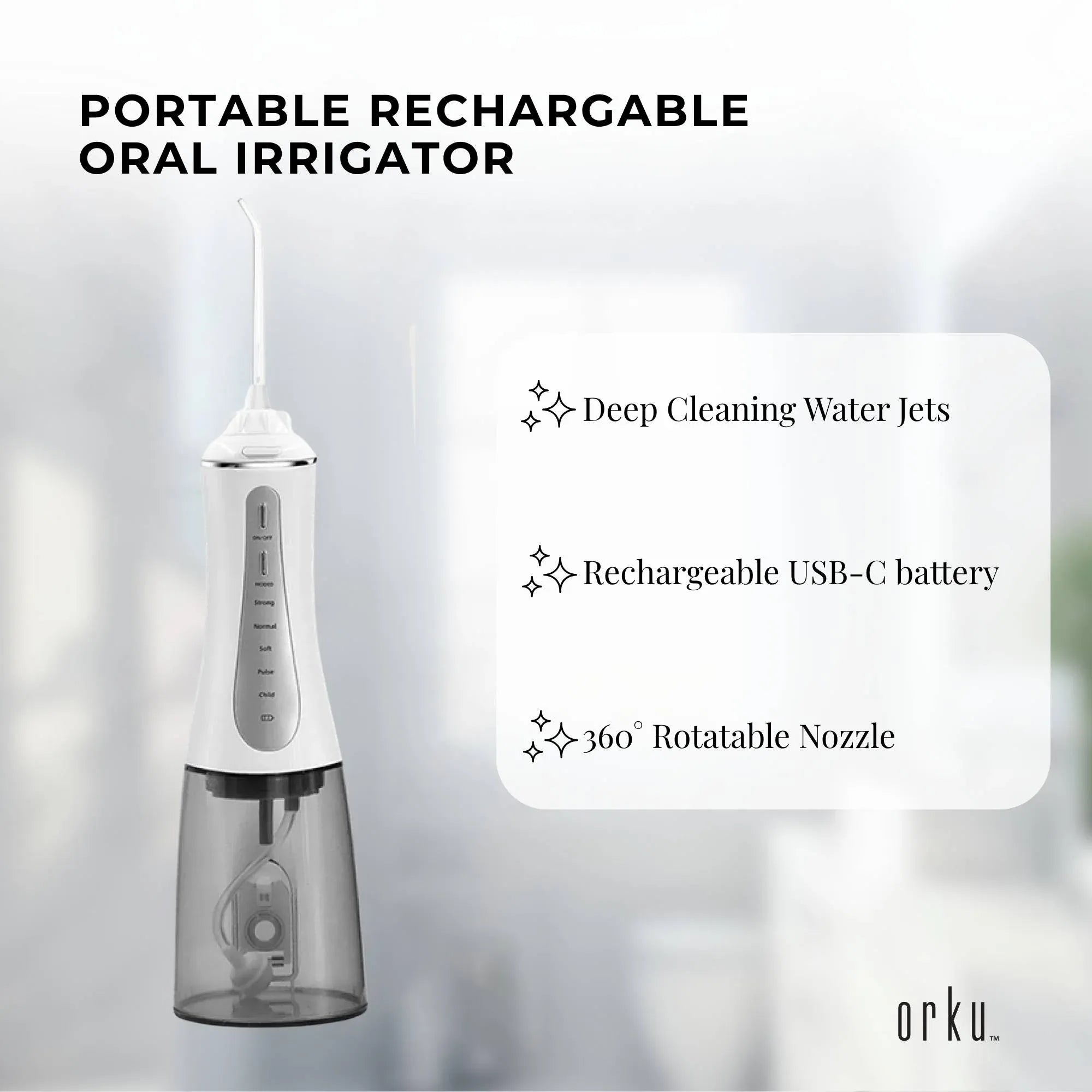 Orku Portable Oral Irrigator Flosser 350ml - Rechargeable Water Dental Teeth Cleaner-Oral Care-PEROZ Accessories