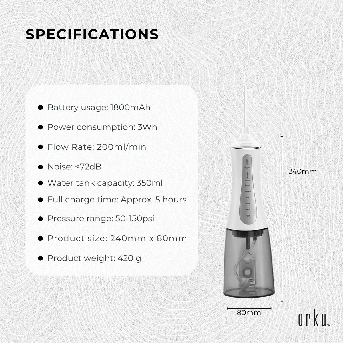 Orku Portable Oral Irrigator Flosser 350ml - Rechargeable Water Dental Teeth Cleaner-Oral Care-PEROZ Accessories