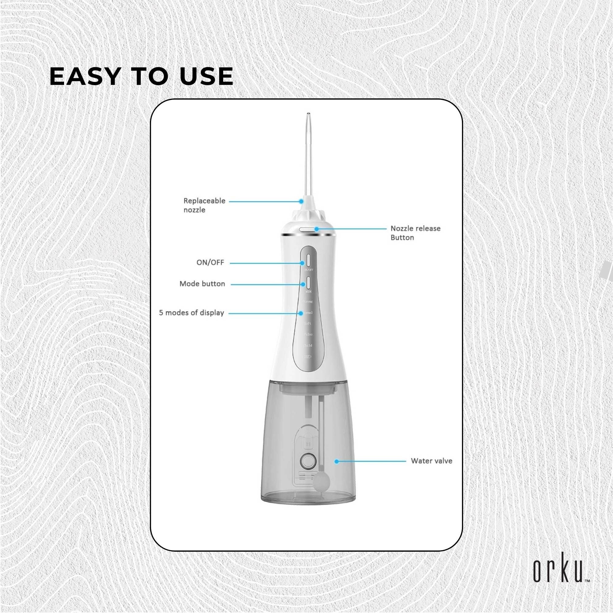 Orku Portable Oral Irrigator Flosser 350ml - Rechargeable Water Dental Teeth Cleaner-Oral Care-PEROZ Accessories