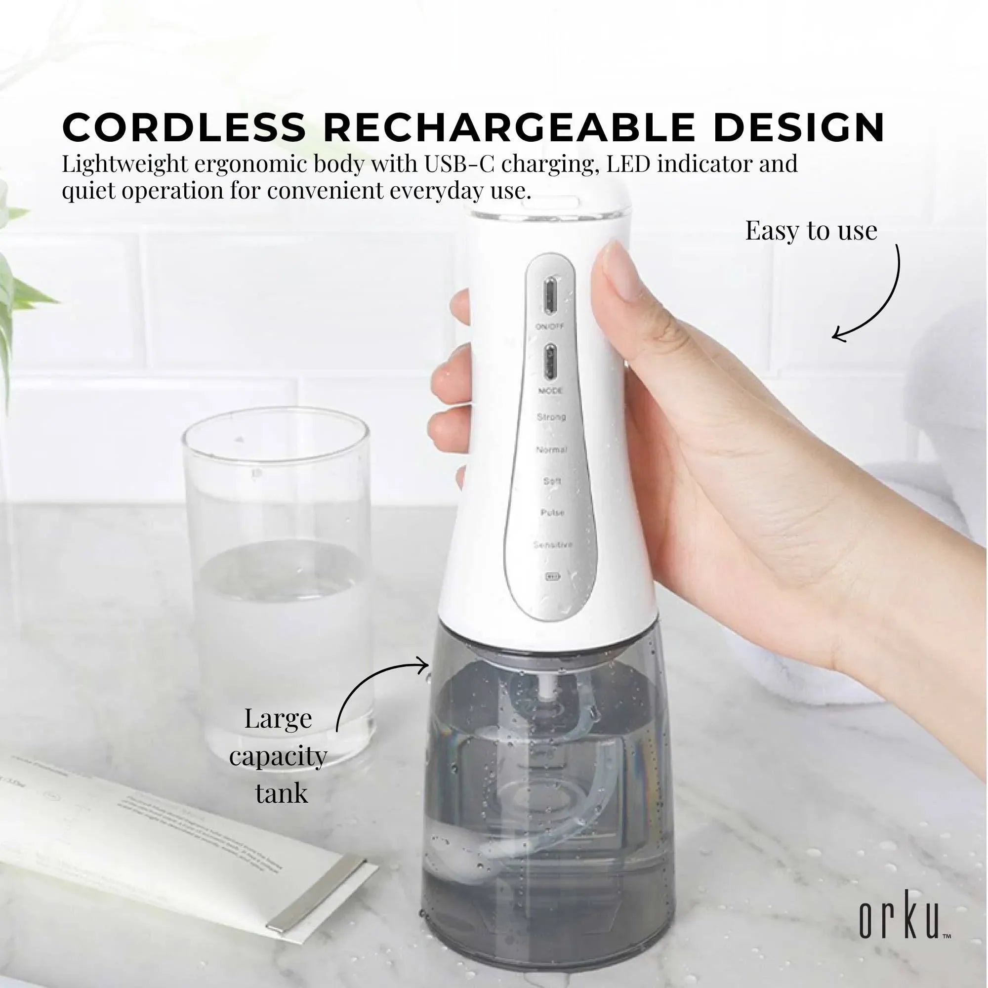 Orku Portable Oral Irrigator Flosser 350ml - Rechargeable Water Dental Teeth Cleaner-Oral Care-PEROZ Accessories