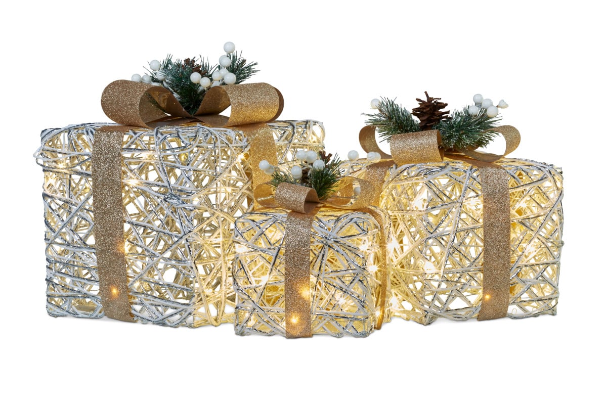 Swishmas 3 Piece Christmas Present Display Set With Lights & Gold Bows-Occasions > Christmas > Christmas Decorations-PEROZ Accessories
