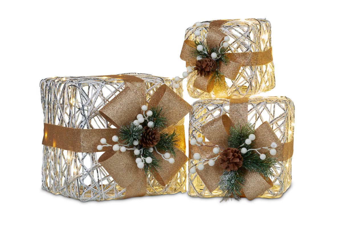 Swishmas 3 Piece Christmas Present Display Set With Lights & Gold Bows-Occasions > Christmas > Christmas Decorations-PEROZ Accessories
