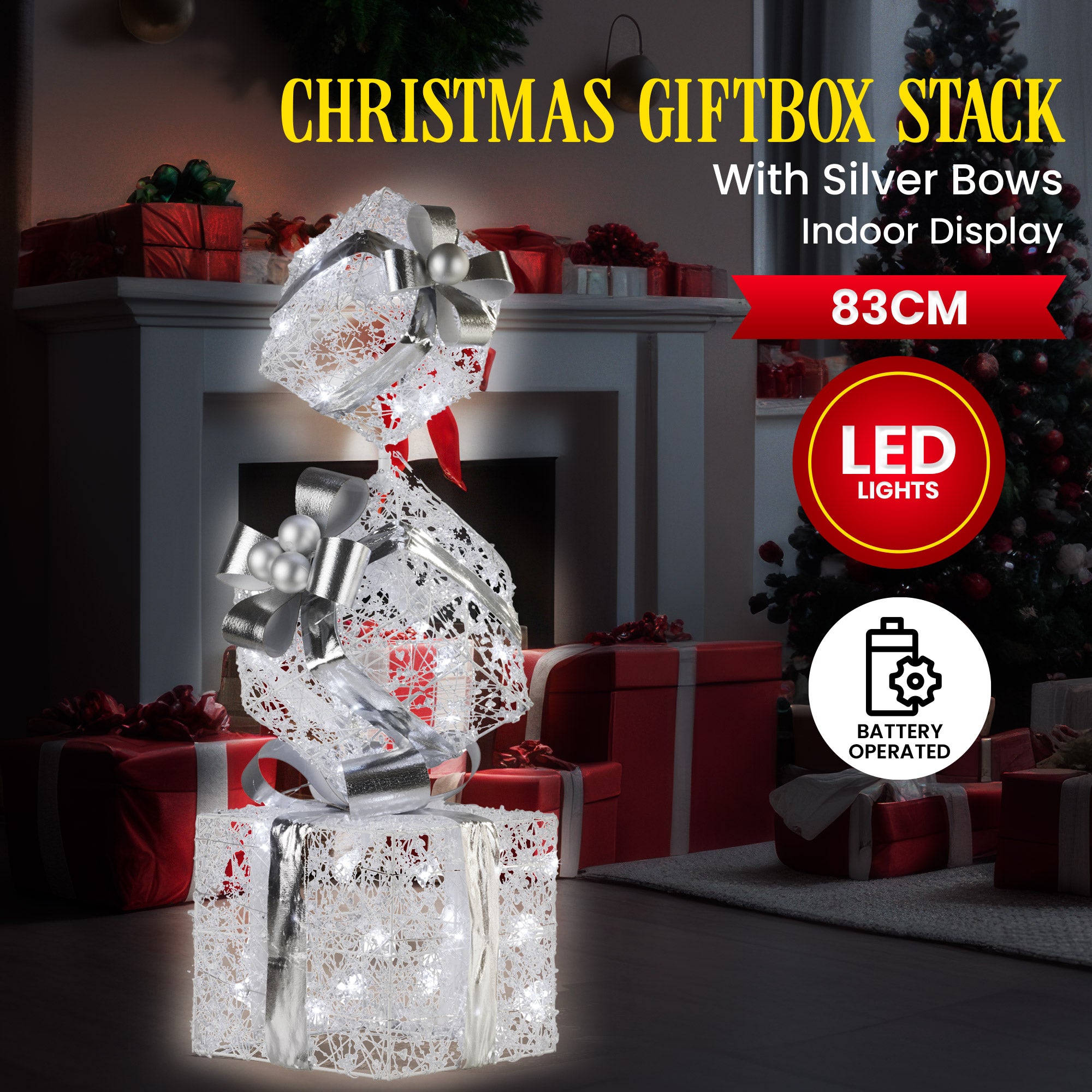 Swishmas 83cm Triple Christmas Silver Giftbox Stack Display with Lights-Occasions > Christmas > Christmas Decorations-PEROZ Accessories