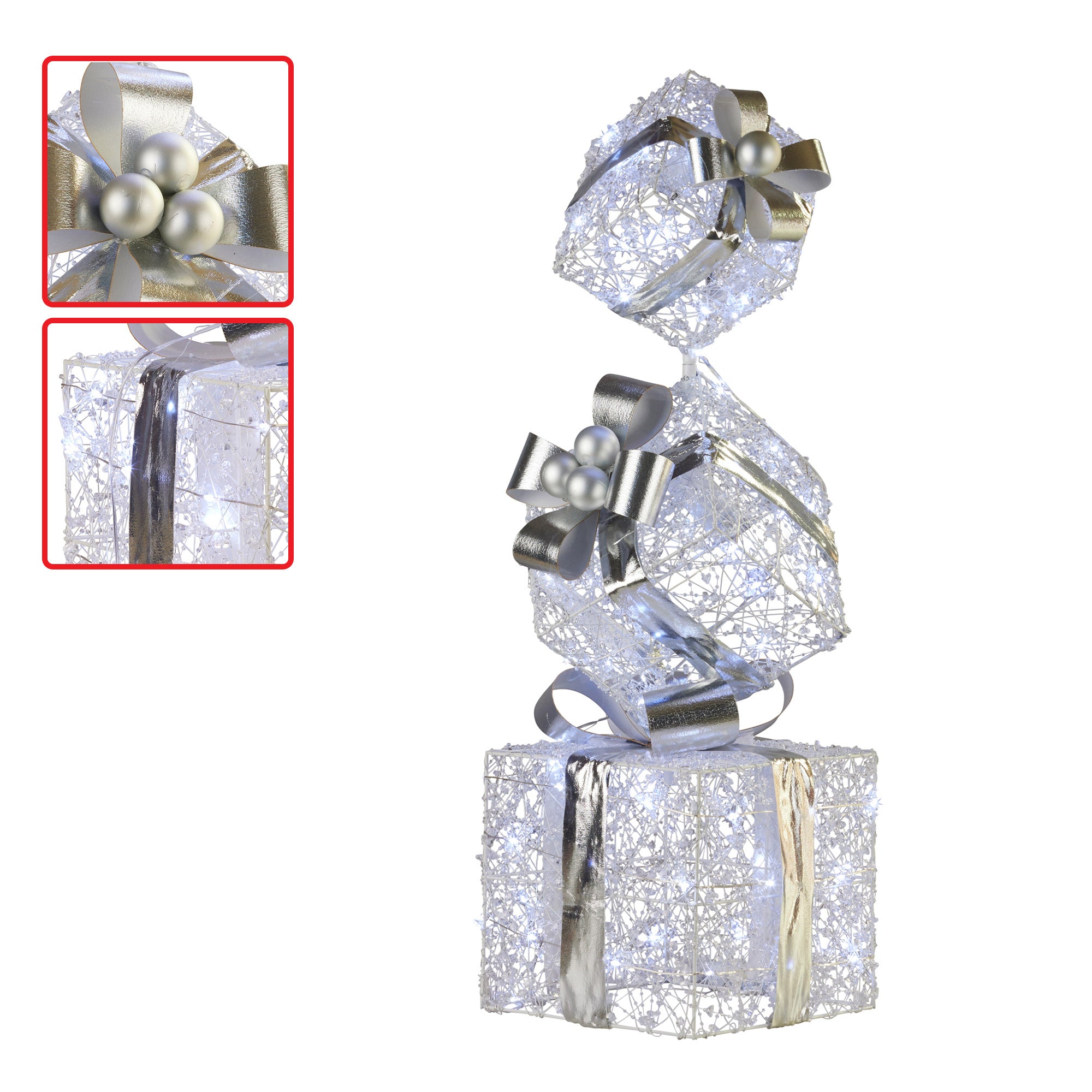 Swishmas 83cm Triple Christmas Silver Giftbox Stack Display with Lights-Occasions > Christmas > Christmas Decorations-PEROZ Accessories