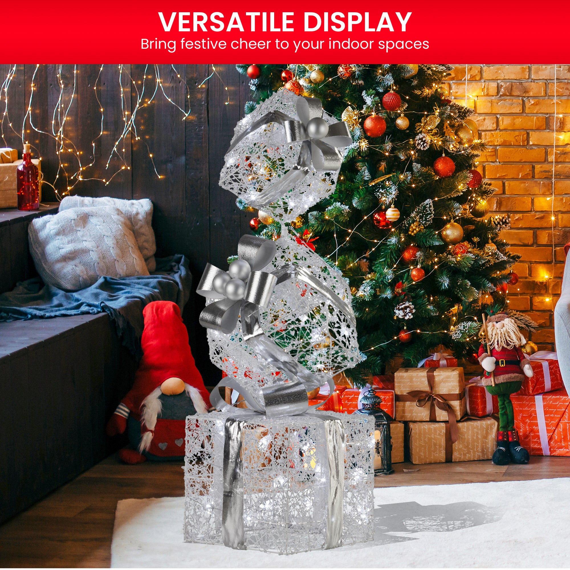 Swishmas 83cm Triple Christmas Silver Giftbox Stack Display with Lights-Occasions > Christmas > Christmas Decorations-PEROZ Accessories