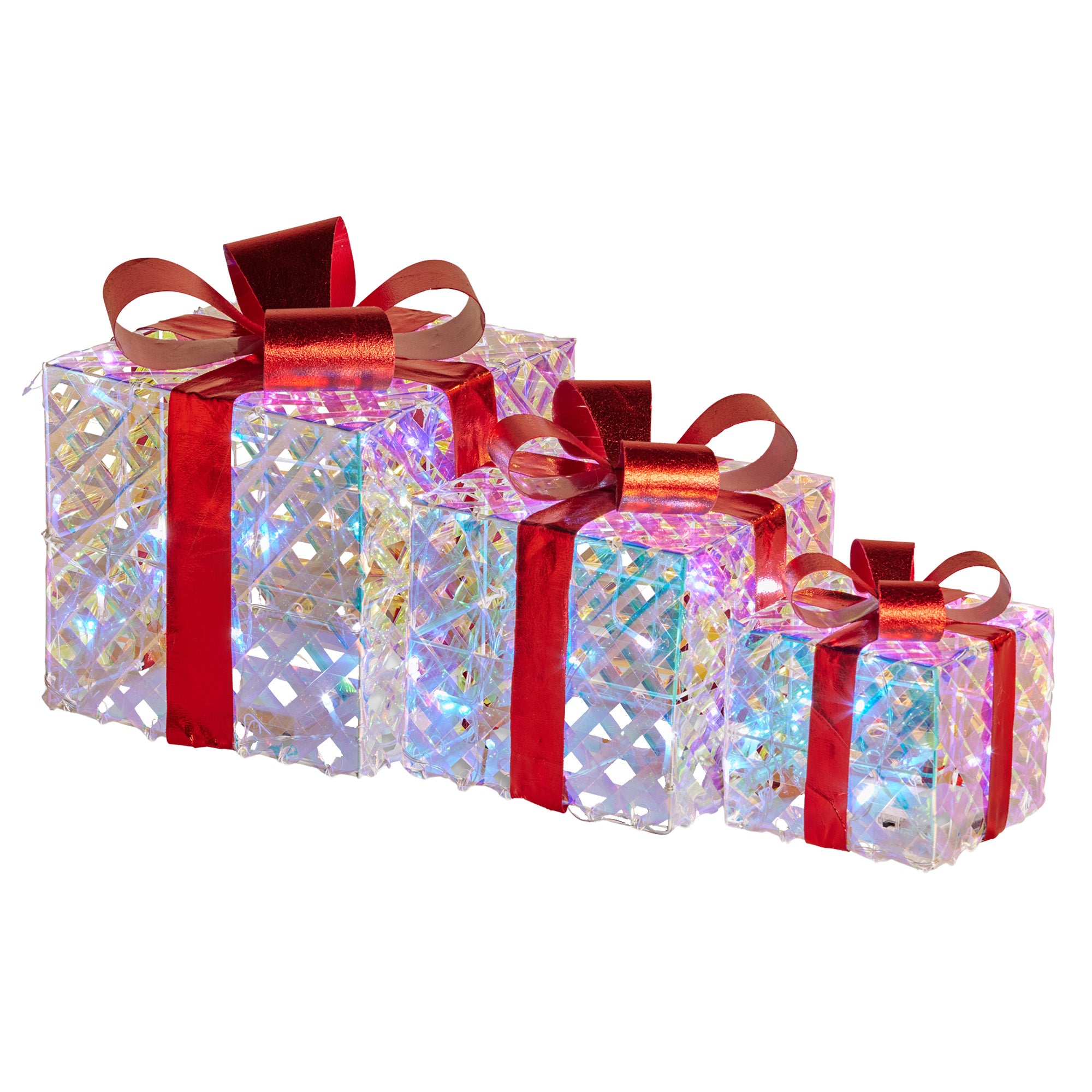 Swishmas Set of 3 Christmas Gift Boxes With Lights - Clear Shimmer With Red Bows-Occasions > Christmas > Christmas Decorations-PEROZ Accessories