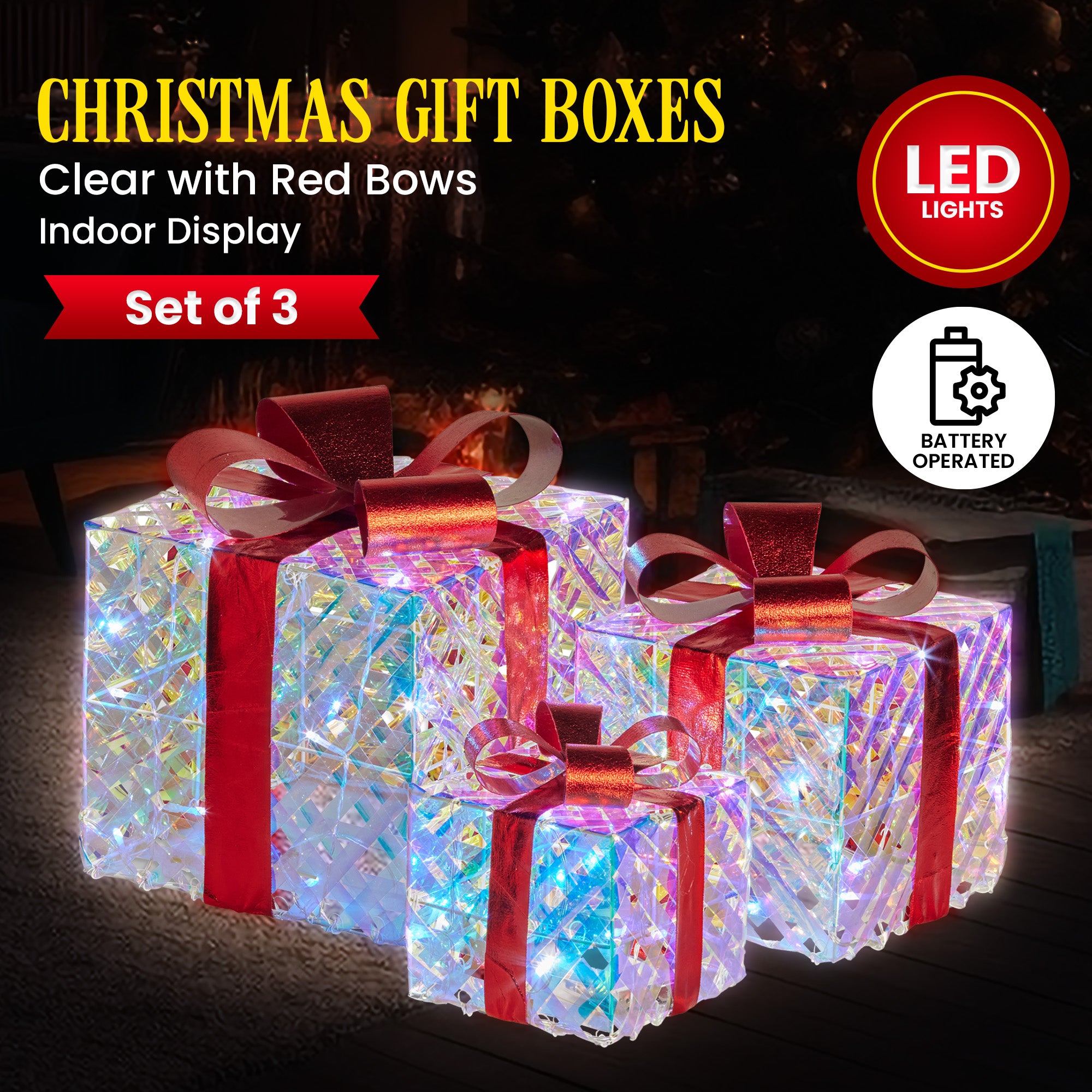 Swishmas Set of 3 Christmas Gift Boxes With Lights - Clear Shimmer With Red Bows-Occasions > Christmas > Christmas Decorations-PEROZ Accessories