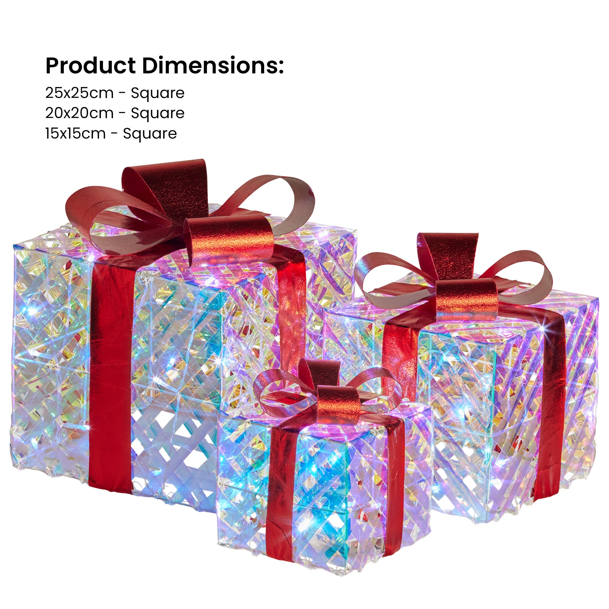 Swishmas Set of 3 Christmas Gift Boxes With Lights - Clear Shimmer With Red Bows-Occasions > Christmas > Christmas Decorations-PEROZ Accessories