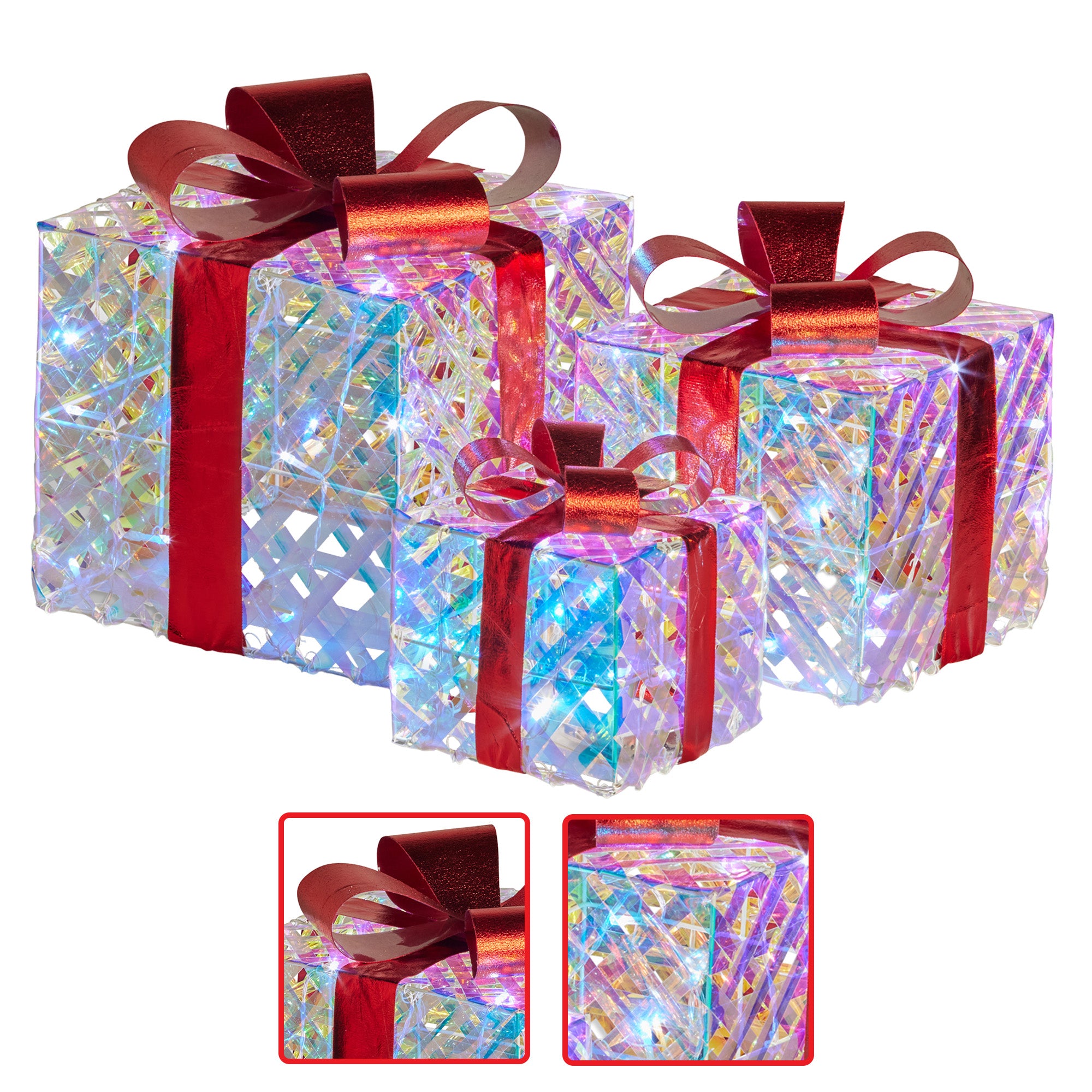 Swishmas Set of 3 Christmas Gift Boxes With Lights - Clear Shimmer With Red Bows-Occasions > Christmas > Christmas Decorations-PEROZ Accessories