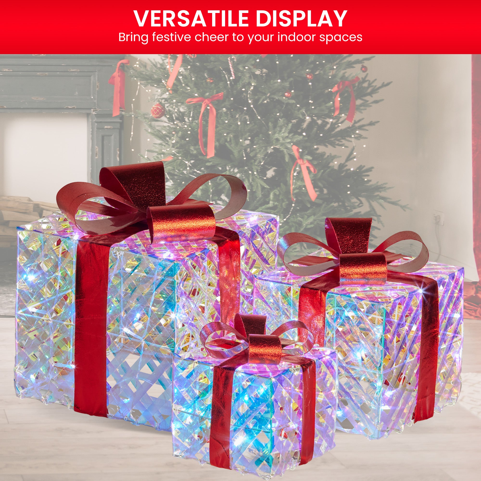 Swishmas Set of 3 Christmas Gift Boxes With Lights - Clear Shimmer With Red Bows-Occasions > Christmas > Christmas Decorations-PEROZ Accessories