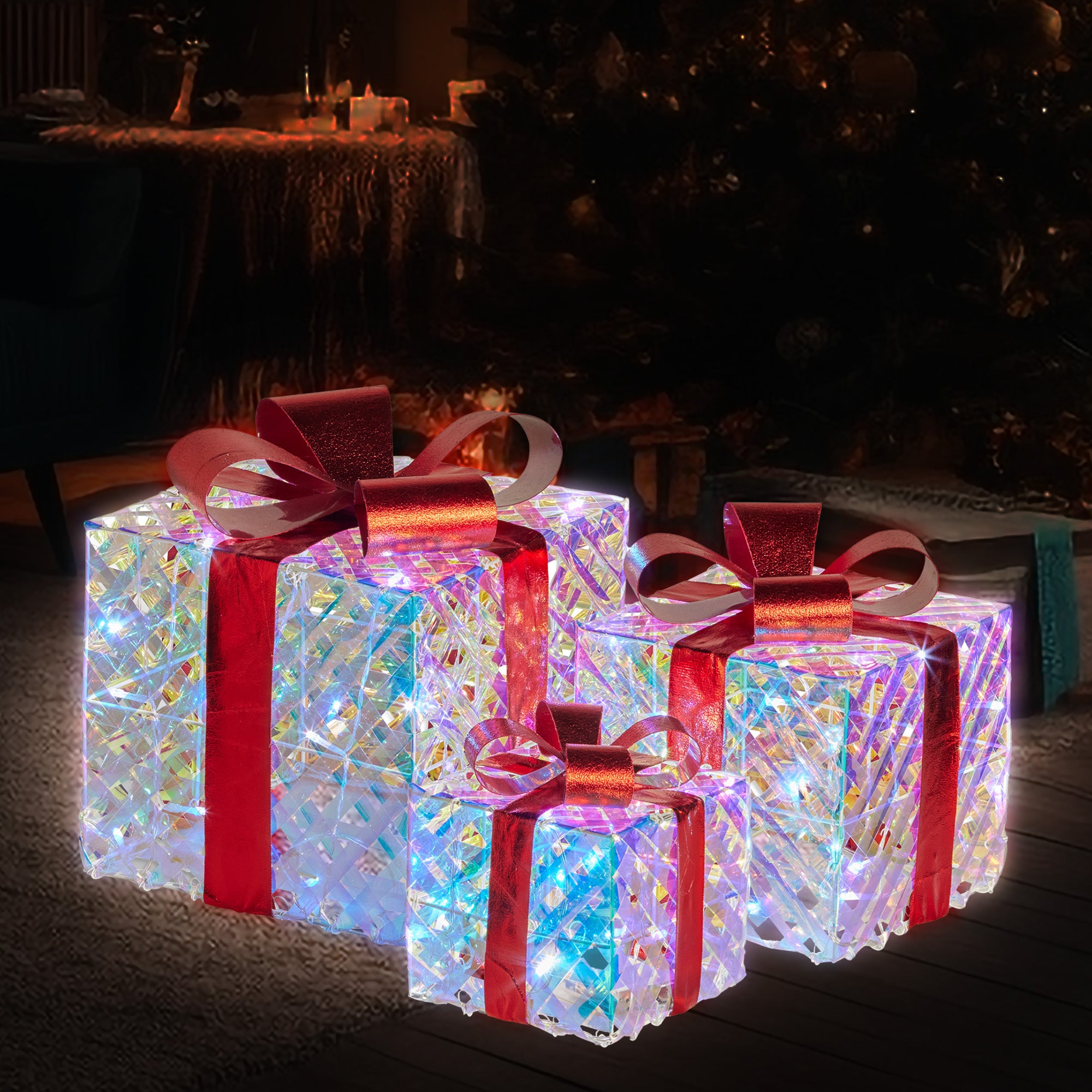 Swishmas Set of 3 Christmas Gift Boxes With Lights - Clear Shimmer With Red Bows-Occasions > Christmas > Christmas Decorations-PEROZ Accessories