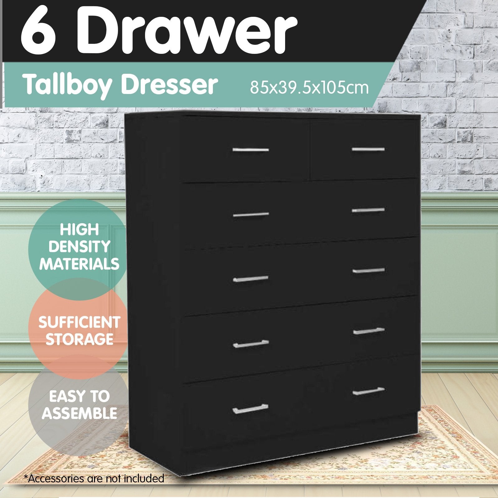 Sarantino Tallboy Dresser 6 Chest Of Drawers Table Cabinet Bedroom Storage Black-Furniture > Living Room-PEROZ Accessories