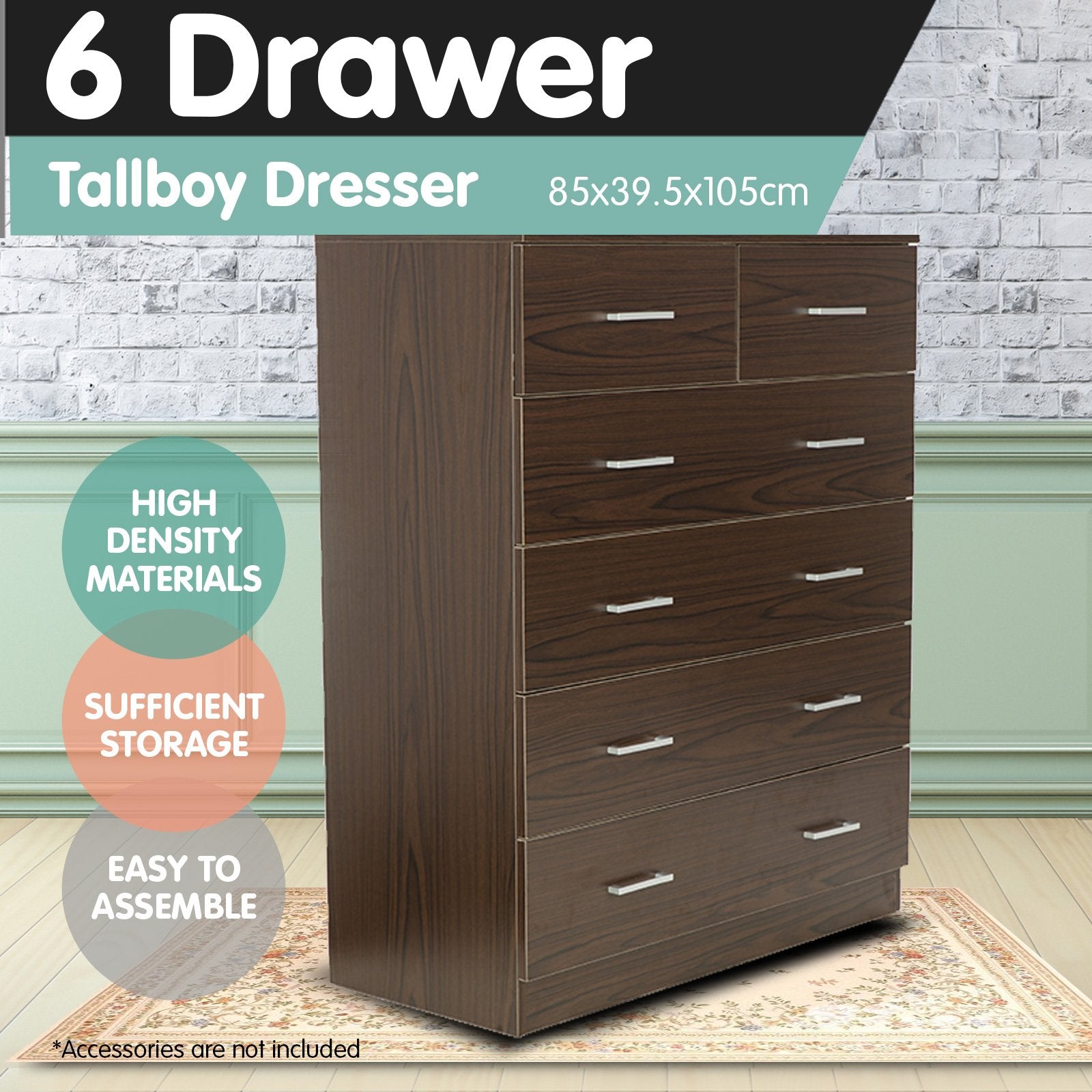 Sarantino Tallboy Dresser 6 Chest Of Drawers Cabinet Storage 85 x 39.5 x 105 in Brown-Furniture > Living Room-PEROZ Accessories