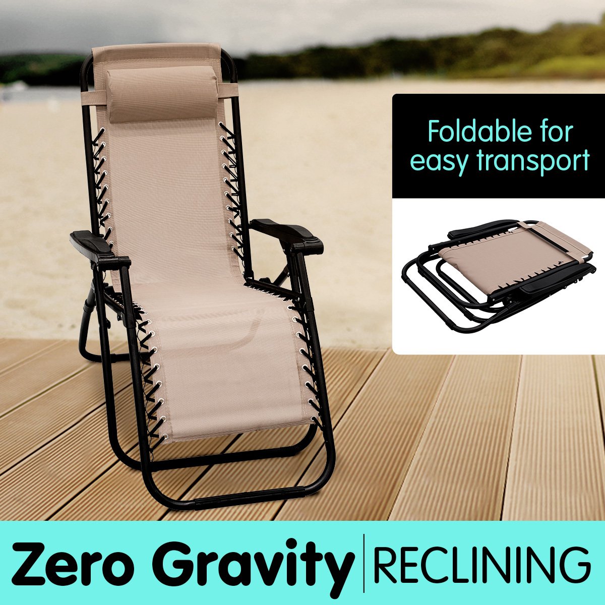 Wallaroo Zero Gravity Reclining Deck Lounge Sun Beach Chair Outdoor Folding Camping - Beige-Furniture > Outdoor > Outdoor Sofas & Lounge Sets-PEROZ Accessories