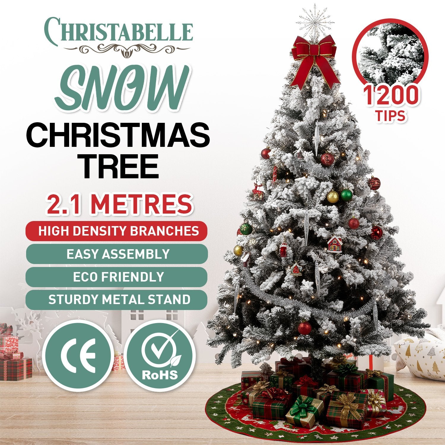 Christabelle Snow-Tipped Artificial Christmas Tree 2.1m 1200 Tips-Christmas Trees-PEROZ Accessories