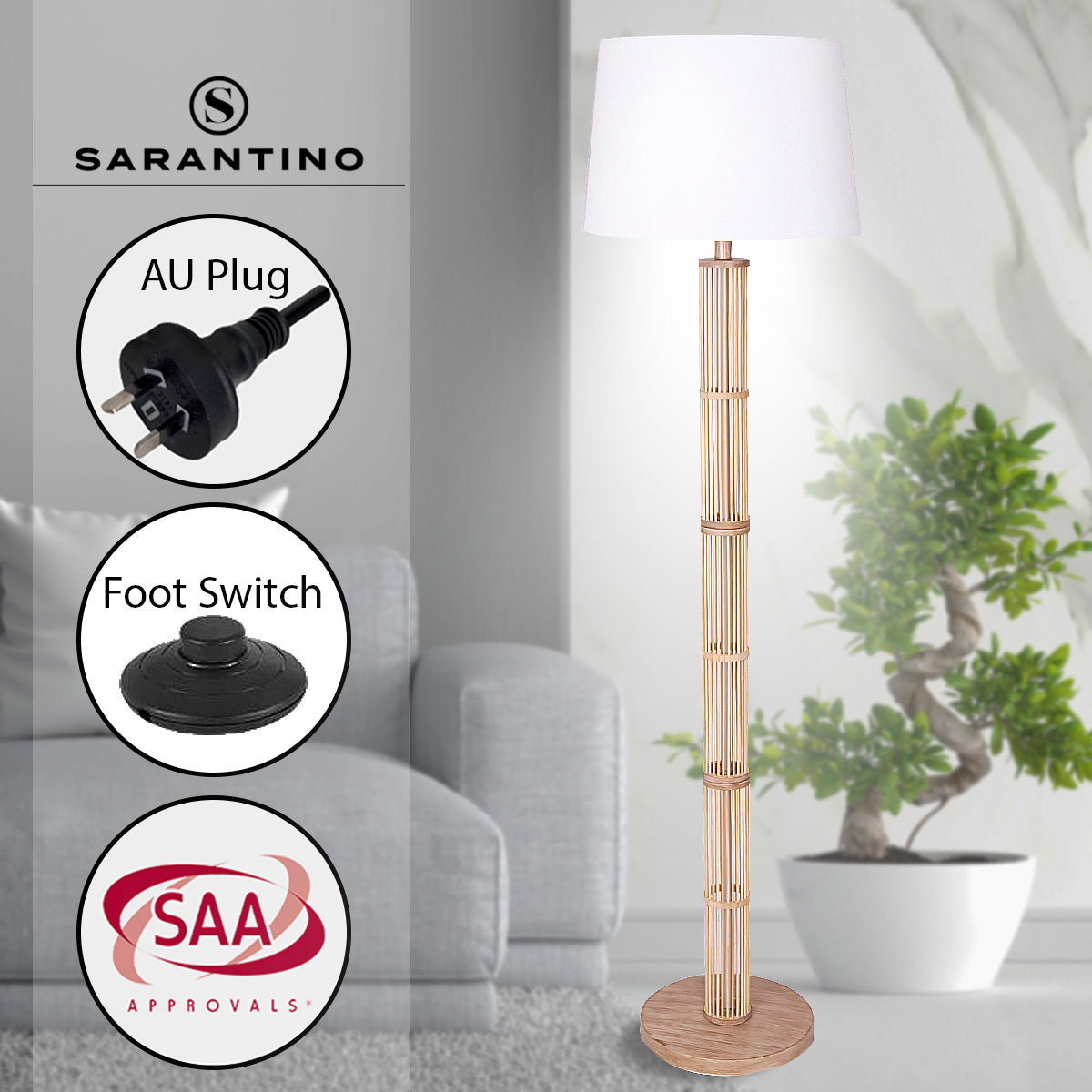 Sarantino Rattan Floor Lamp With Paper-White Linen Shade by Sarantino-Home & Garden > Lighting-PEROZ Accessories