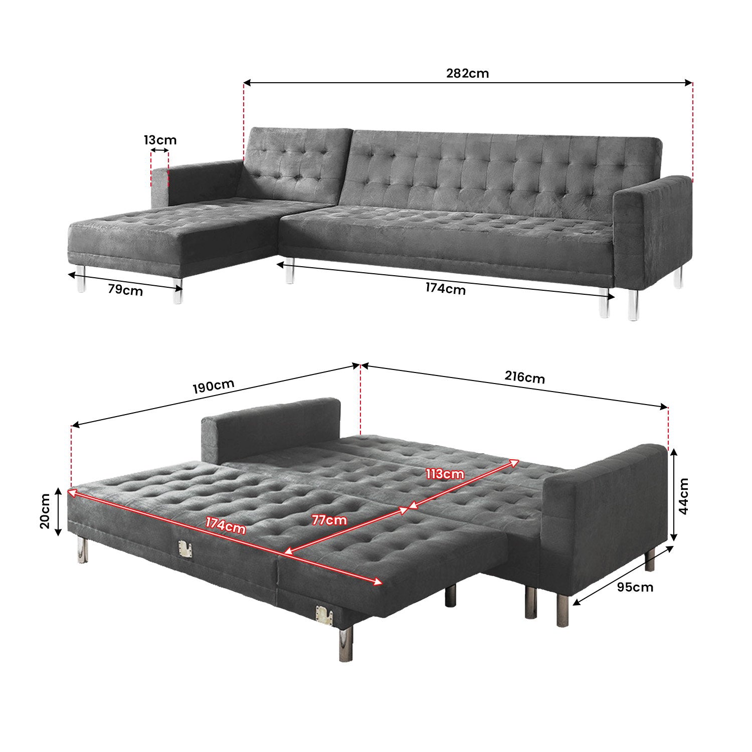 Sarantino Faux Velvet Corner Wooden Sofa Bed Couch with Chaise - Grey-Furniture > Sofas-PEROZ Accessories