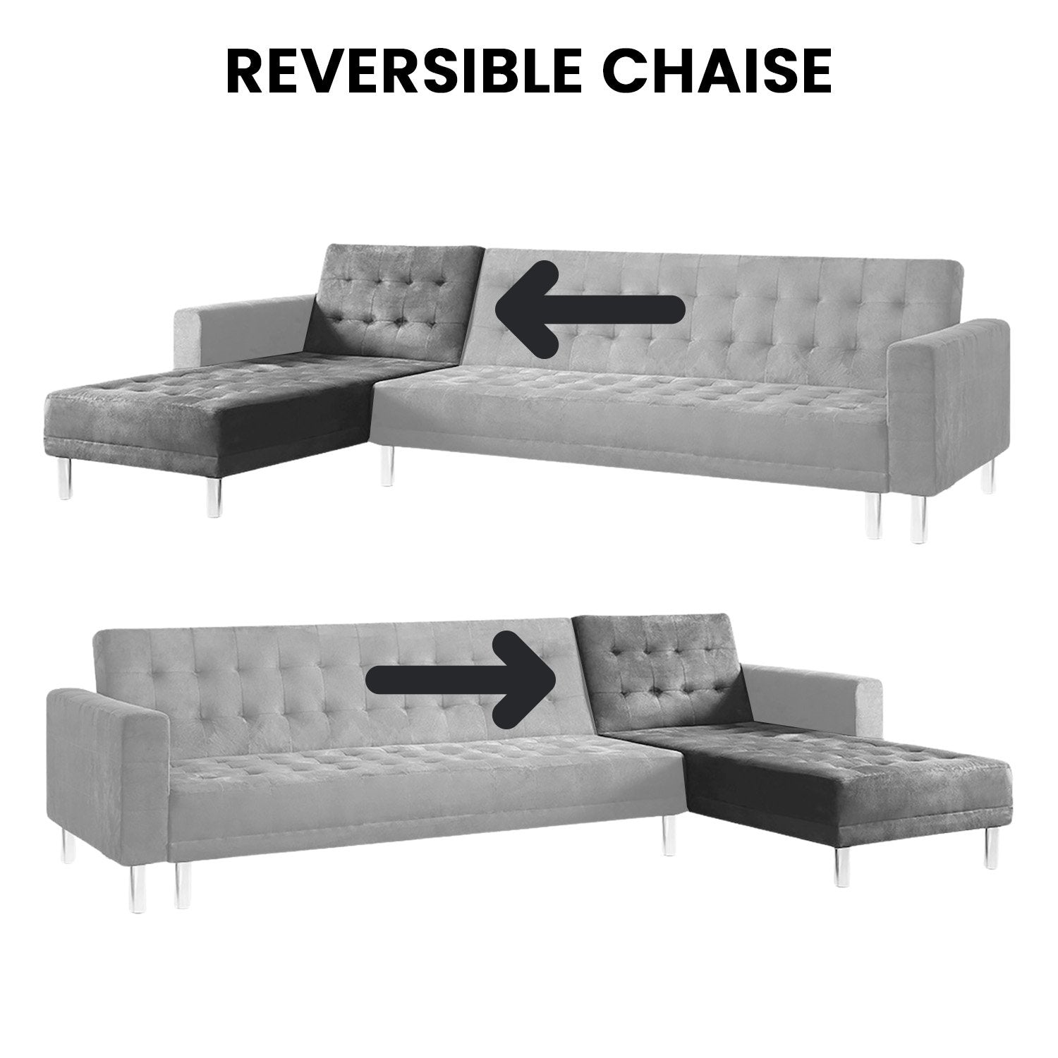 Sarantino Faux Velvet Corner Wooden Sofa Bed Couch with Chaise - Grey-Furniture > Sofas-PEROZ Accessories