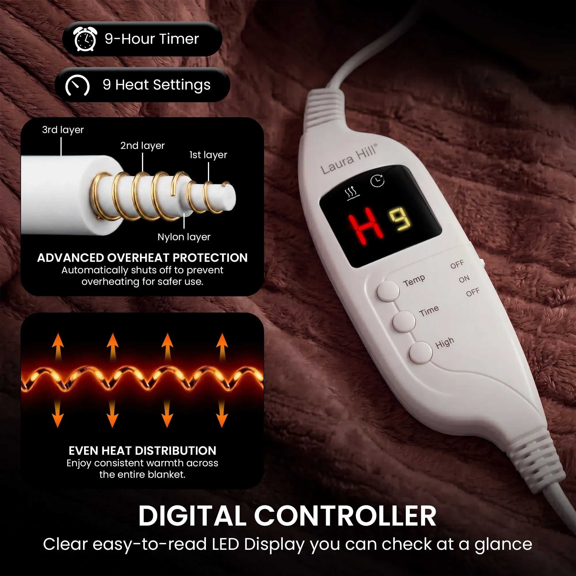 Laura Hill Electric Heated Blanket Throw Soft Coral Fleece w/ 9 Heat Settings - Brown-Home & Garden > Bedding-PEROZ Accessories