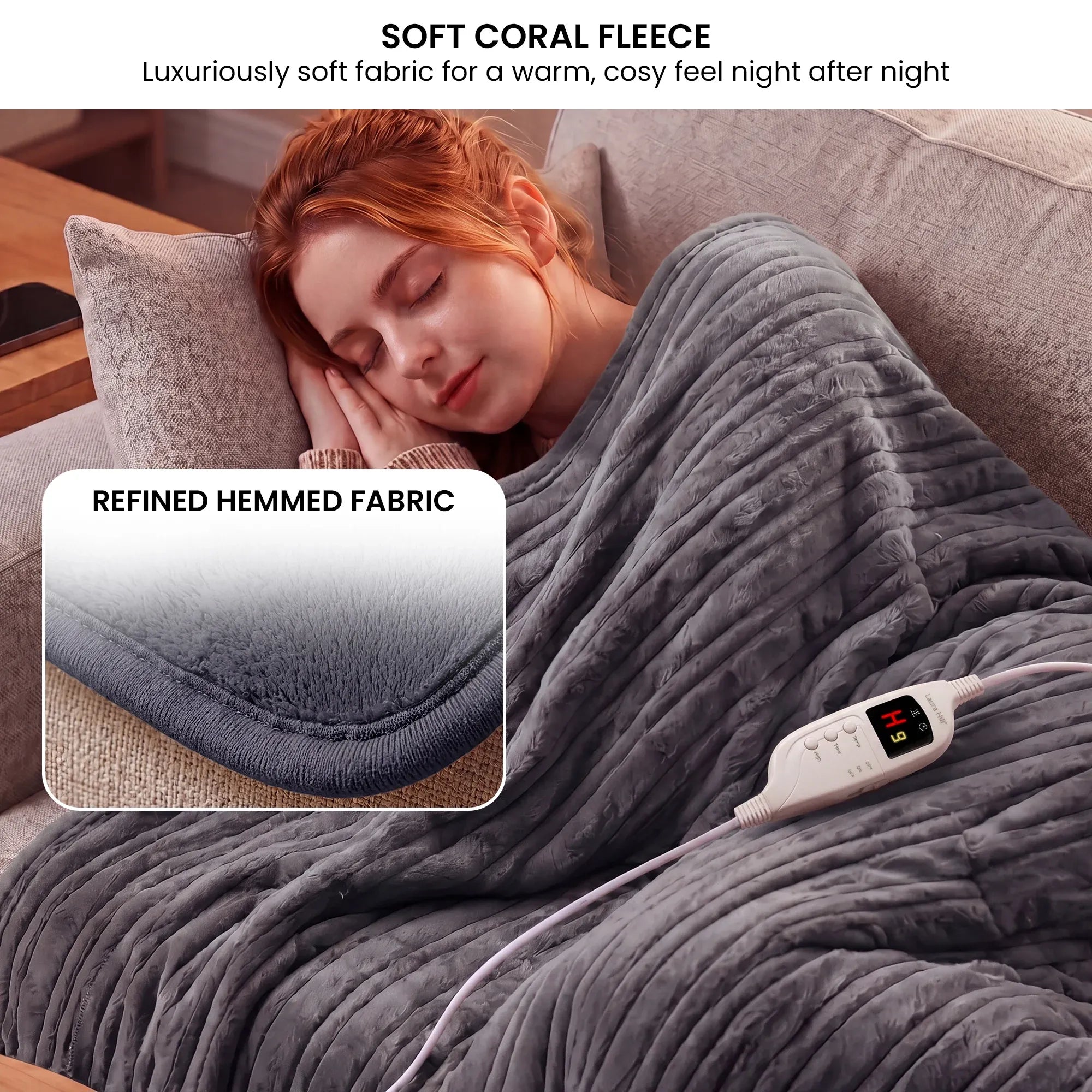 Laura Hill Electric Heated Blanket Throw Soft Coral Fleece w/ 9 Heat Settings - Grey-Home & Garden > Bedding-PEROZ Accessories