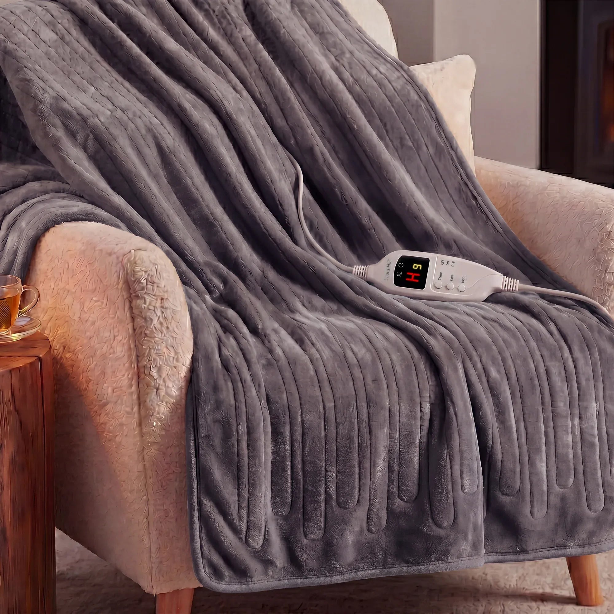 Laura Hill Electric Heated Blanket Throw Soft Coral Fleece w/ 9 Heat Settings - Grey-Home & Garden > Bedding-PEROZ Accessories