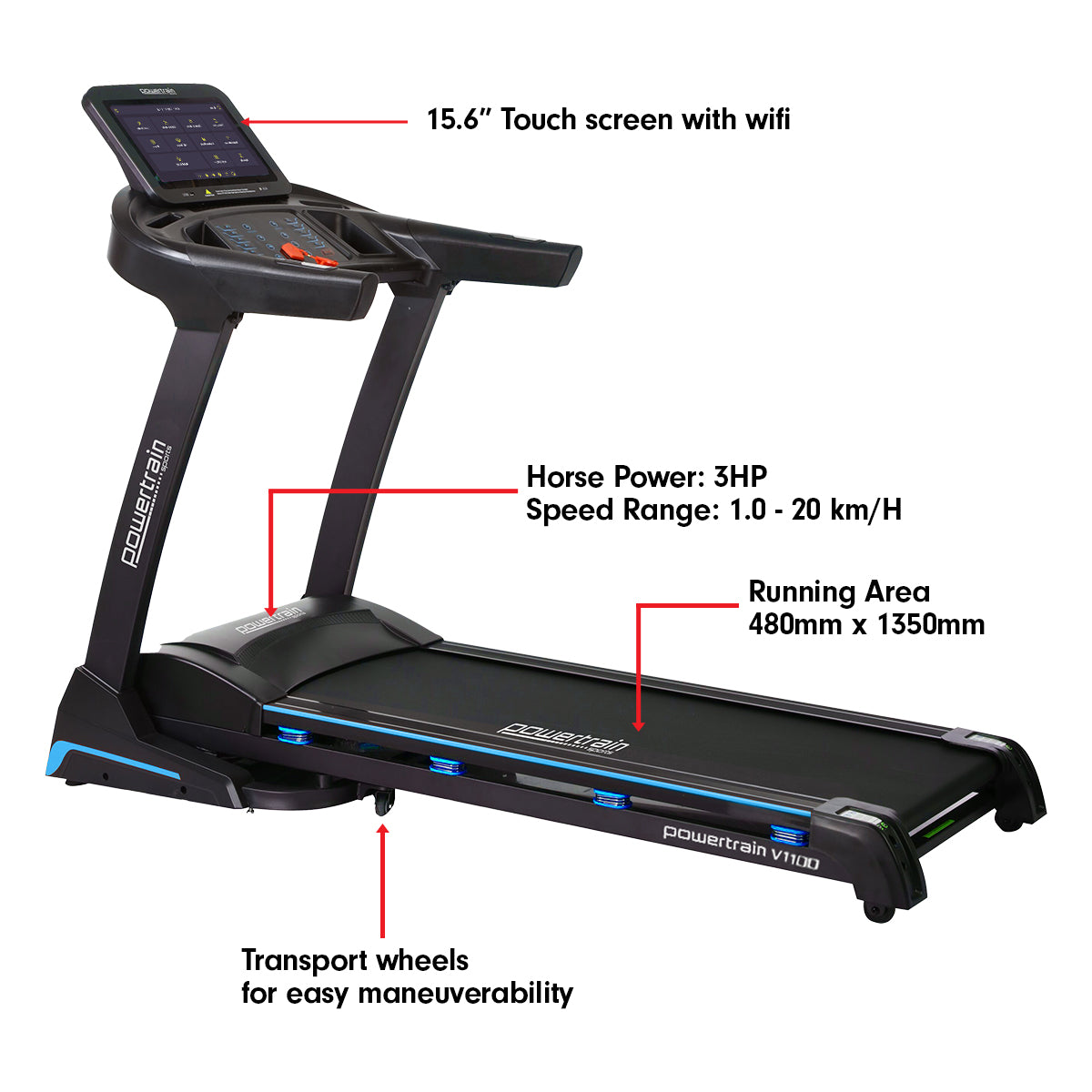 Powertrain V1100 Treadmill with Wifi Touch Screen & Incline-Walking Pad-PEROZ Accessories
