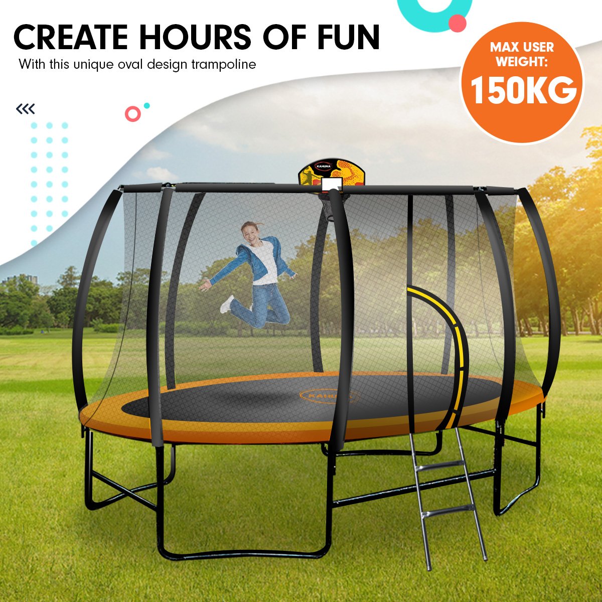 Kahuna 8ft X 14t Outdoor Orange Oval Trampoline With Safety Enclosure And Basketball Hoop Set-Sports & Fitness > Trampolines > Trampolines & Accessories-PEROZ Accessories