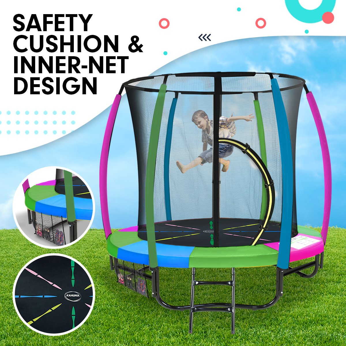 Kahuna 6ft Trampoline Round Free Pad Cover Spring Mat Net Safety Net Enclosure Rainbow-Sports & Fitness > Trampolines > Trampolines & Accessories-PEROZ Accessories