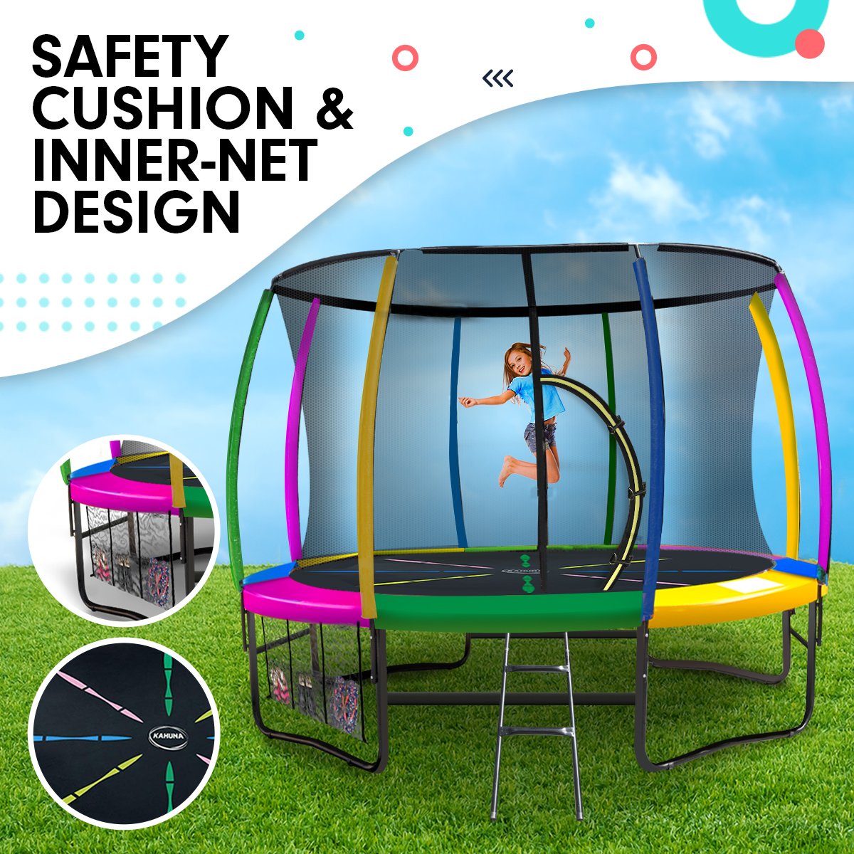 Kahuna 8ft Outdoor Rainbow Trampoline For Kids And Children Suited For Fitness Exercise Gymnastics With Safety Enclosure-Sports & Fitness > Trampolines > Trampolines & Accessories-PEROZ Accessories
