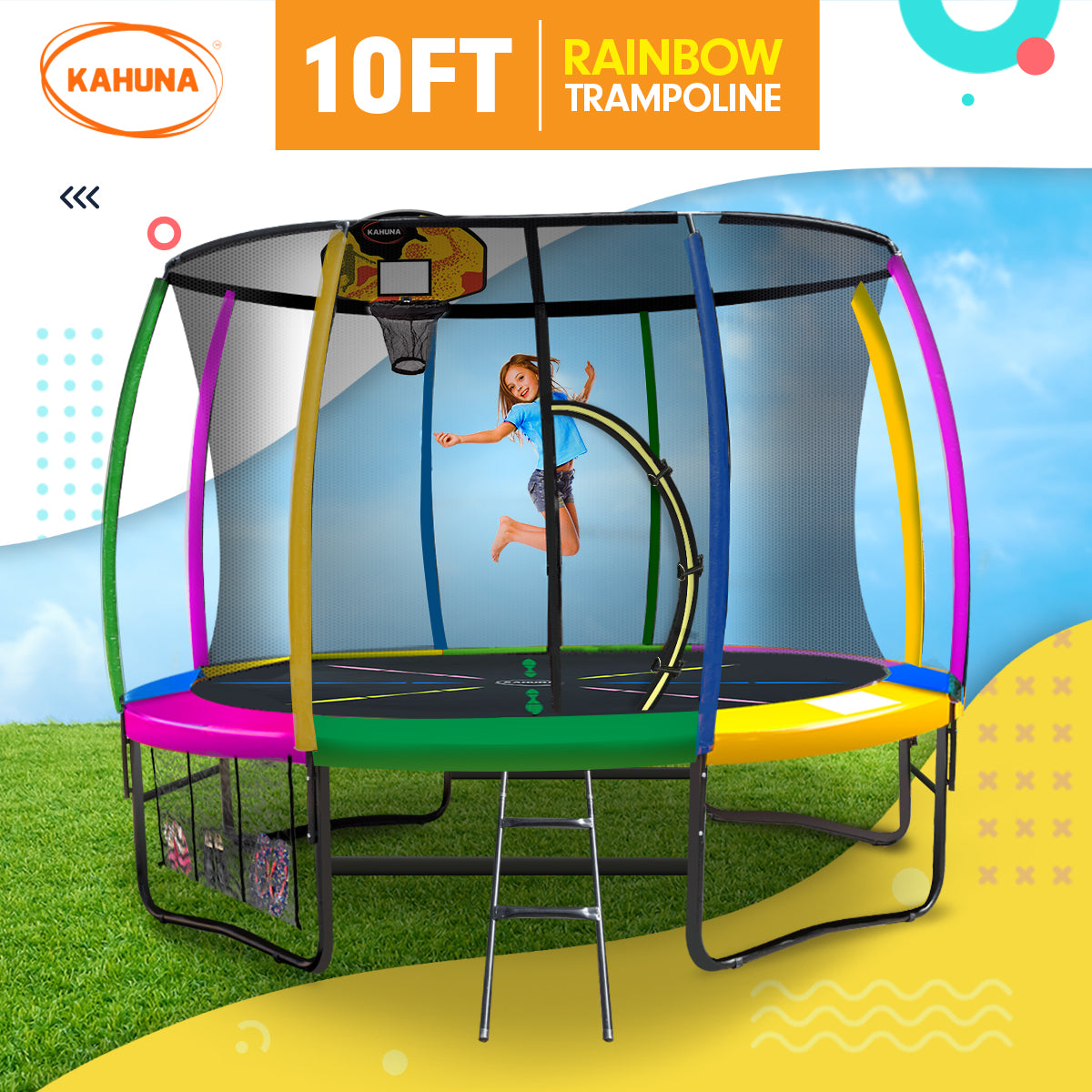 Kahuna 10ft Outdoor Trampoline Kids Children With Safety Enclosure Pad Mat Ladder Basketball Hoop Set - Rainbow-Sports & Fitness > Trampolines > Trampolines & Accessories-PEROZ Accessories