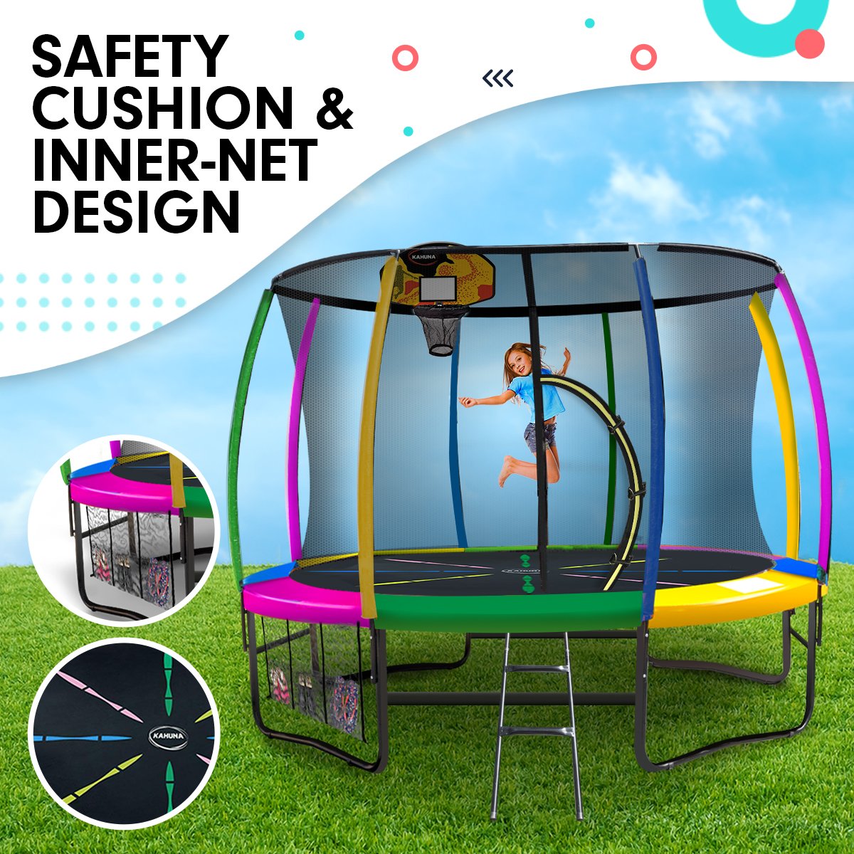 Kahuna 10ft Outdoor Trampoline Kids Children With Safety Enclosure Pad Mat Ladder Basketball Hoop Set - Rainbow-Sports & Fitness > Trampolines > Trampolines & Accessories-PEROZ Accessories
